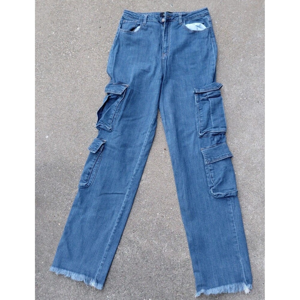 Akira Cargo Jeans Womens 15 Blue Denim Straight Leg Frayed Hem Y2K Streetwear